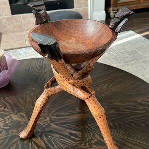 Hand-Carved Moroccan Wood Bowl | Tiki Tripod Base | 13” Boho Home Decor